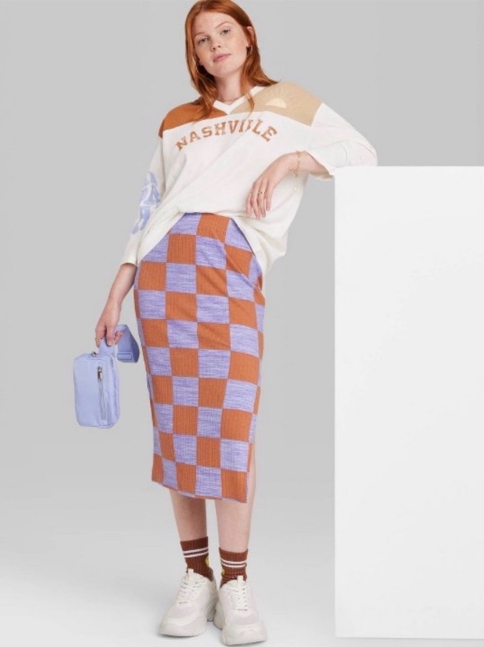 Ascot + Hart Checkerboard Knit Pencil Skirt in Orange and Lavender